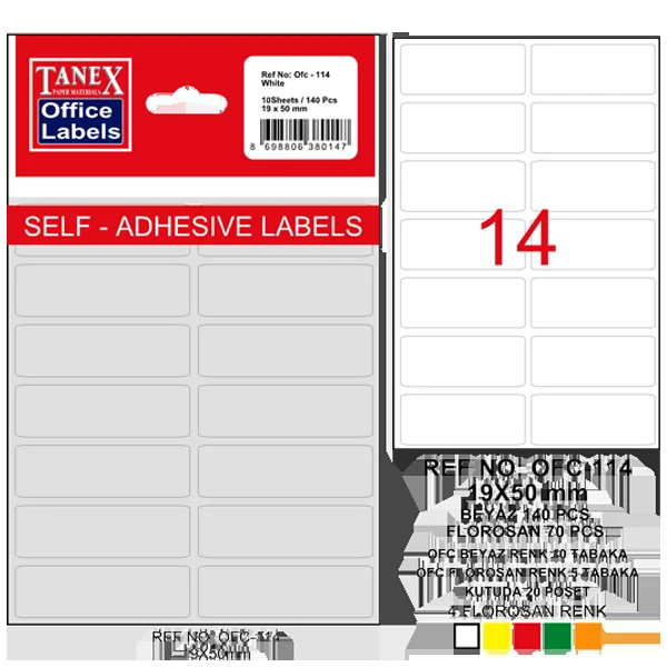 Tanex Ofis Etiketi Poşetli 19x50 MM Beyaz OFC-114