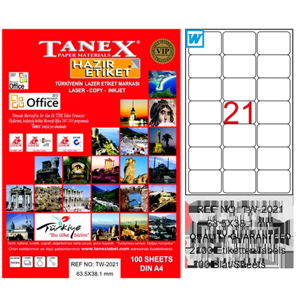 Tanex Laser Etiket 100 YP 63x38 Laser-Copy-Inkjet TW-2021