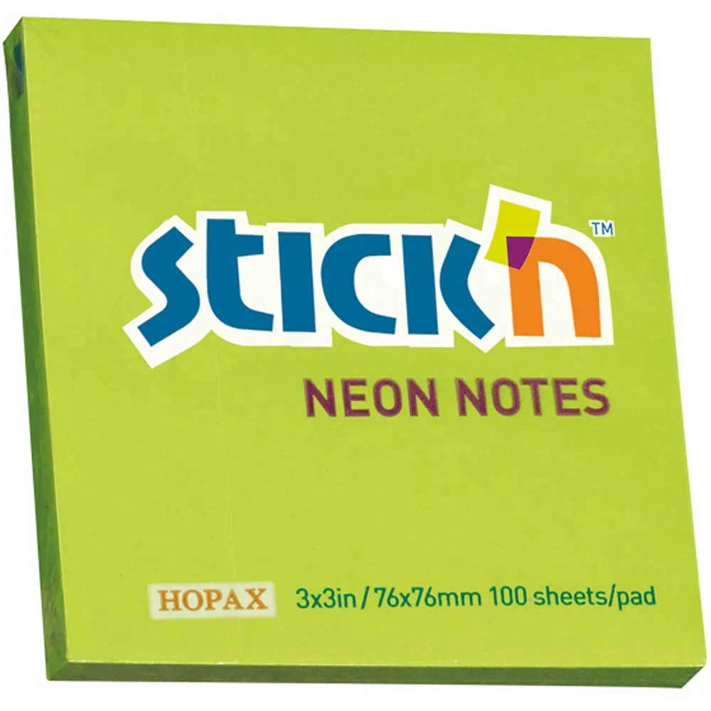 Hopax Stickn Yapışkanlı Not Kağıdı 100 YP 76x76 Fosforlu Yeşil HE21167
