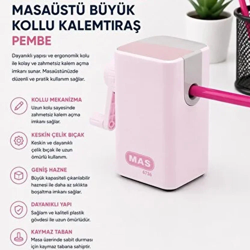 Mas Kalemtıraş Kollu Masa Tipi Plastik Büyük Pembe 6736
