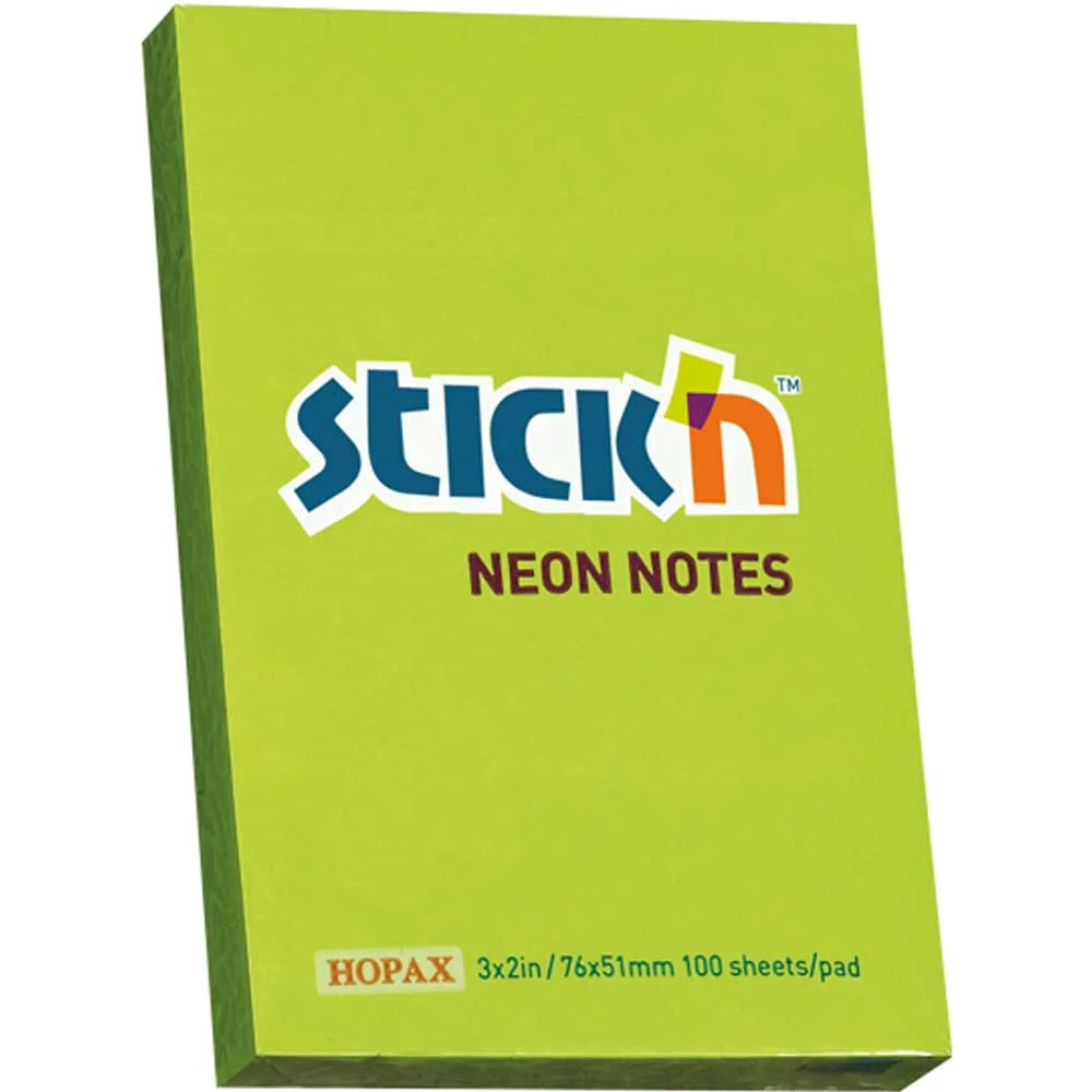 Hopax Stickn Yapışkanlı Not Kağıdı 100 YP 76x51 Fosforlu Yeşil HE21163
