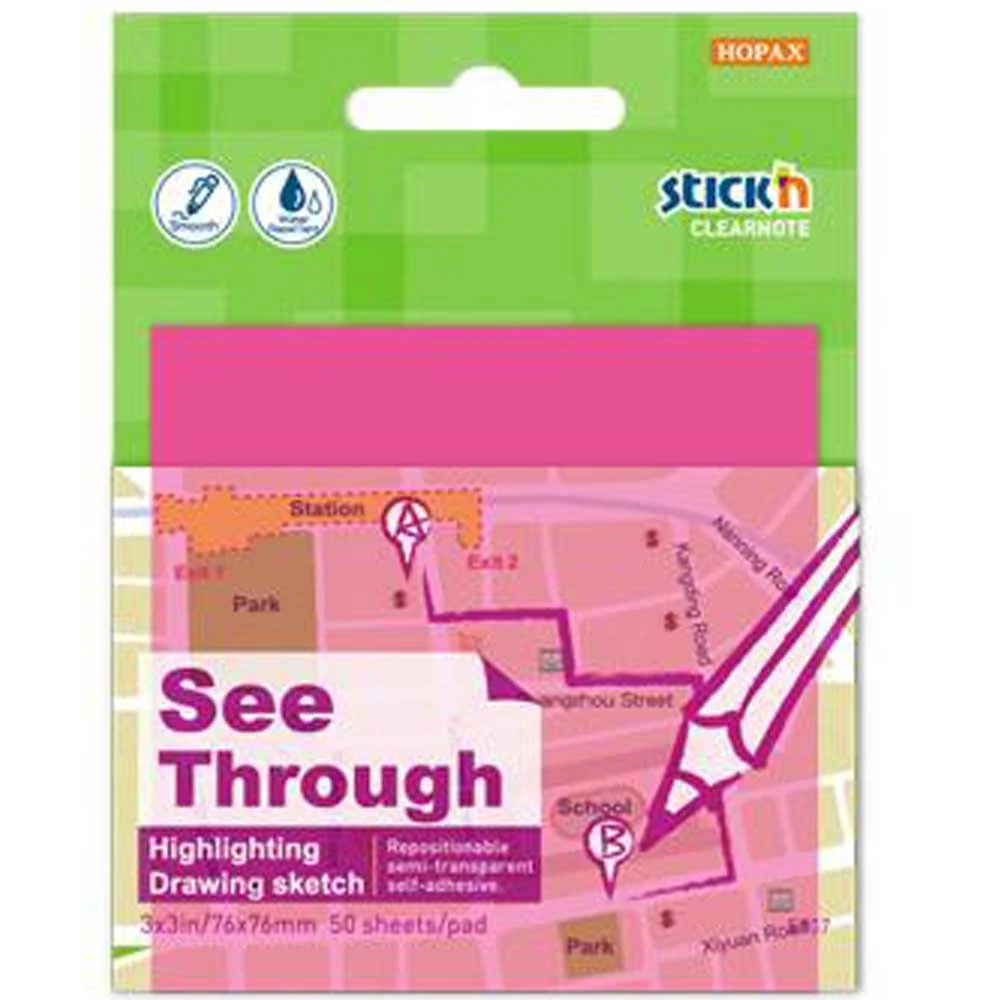 Hopax Stickn Yapışkanlı Not Kağıdı Yarı Saydam 50 YP 76x76 Neon Pembe 21711