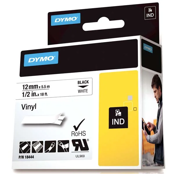 Dymo Rhino Pro Etiketi Renkli Vinil 12 MMx5.5 MT Beyaz Üzerine Siyah 18444